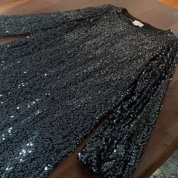 NWT, Minimalist Black/Blue Sequinned Party Dress with detachable belt, US 10 - Picture 4 of 12